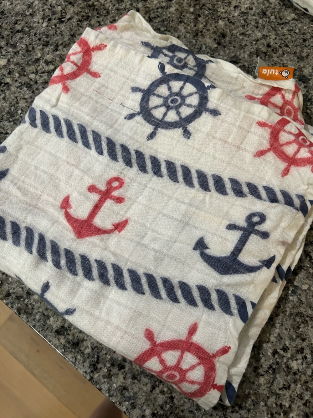Tula White Muslin Swaddle with Navy and Red Nautical Anchors & Wheels